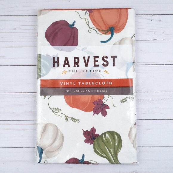 Fall Vinyl Tablecloth 52x52 Square Pumpkin Gourd Harvest - Picture 1 of 2